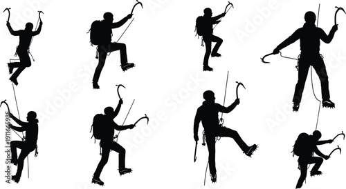 Rock Climber Silhouettes Collection Showing Mountaineering and Ice Climbing Poses with Ice Axe and Rope Isolated on White Background for Adventure Sports Design
