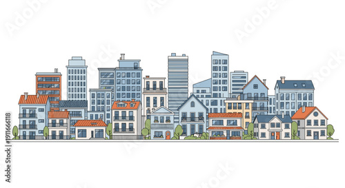 Colorful Illustration of City Buildings and Houses.