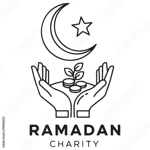 Ramadan Charity Logo Icon featuring cupped hands protecting a growing plant with coins under a crescent moon and star, symbolizing Islamic philanthropy, zakat, and generosity during the holy month.