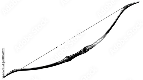 A stark, artistic illustration of a bow and arrow in a monochromatic, high-contrast, black-and-white