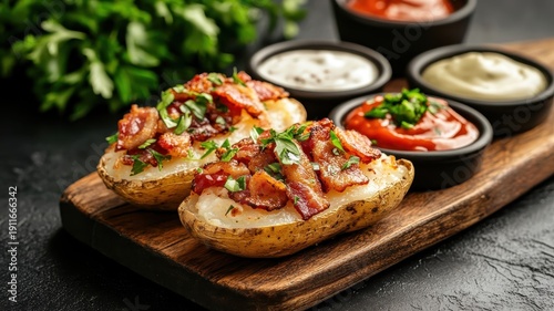 A whimsical party scene with loaded potato skins, featuring playful garnishes and dipping sauces alongside the cheesy, bacon-topped skins.
