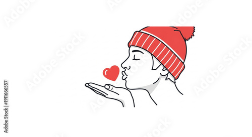 Young person wearing a winter hat, blowing a kiss with a heart shape