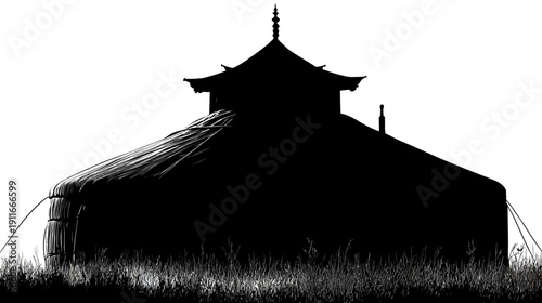 A monochrome illustration of a structure with a domed roof and spire over a tent-like form