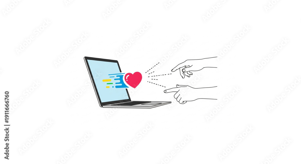 Naklejka premium Digital connection and love represented by a laptop displaying a heart and two hands reaching out on a white background