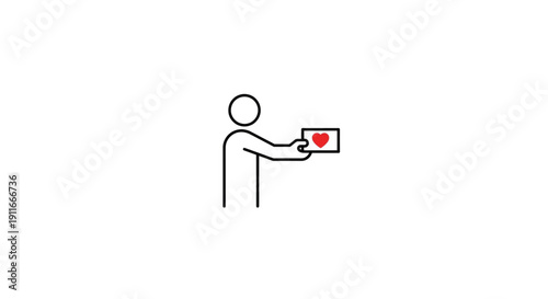Abstract line art showing a person extending a gift or message of affection, featuring a small card adorned with a bright red heart, symbolizing love, gratitude, and thoughtful sharing