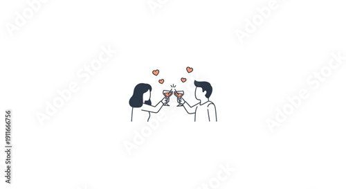 A Romantic Illustration of a Couple Toasting with Champagne Glasses, Surrounded by Hearts, Symbolizing Love and Celebration