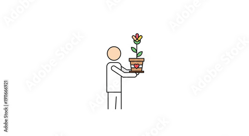 A simple illustration of a person holding a potted plant with a heart emblem on it, symbolizing care and growth