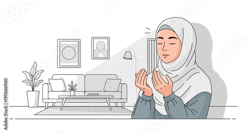 Young Muslim Woman Praying in Hijab at Home, Peaceful Reflection