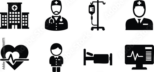 Minimalist black and white medical icons set including hospital building doctor with stethoscope nurse intravenous drip hospital bed and heart monitor illustration