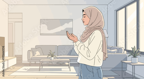 Young Muslim woman praying in a modern living room, serene spiritual moment