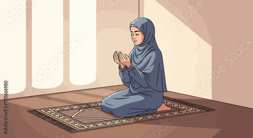 Young Muslim Woman Praying on Prayer Mat in a Quiet Room