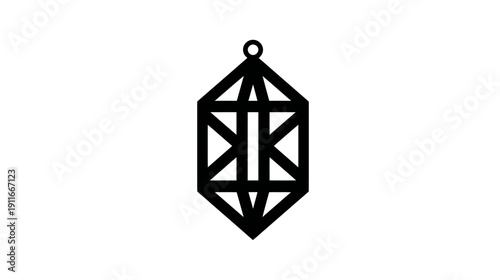 Black geometric pendant with a hanging loop, comprised of lines and shapes, set against white