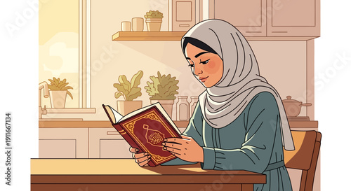 Young Muslim Woman Reading Quran in a Bright, Cozy Kitchen