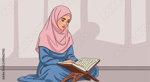 Young Muslim Woman Reading Quran in Hijab, Islamic Culture, Faith, Education
