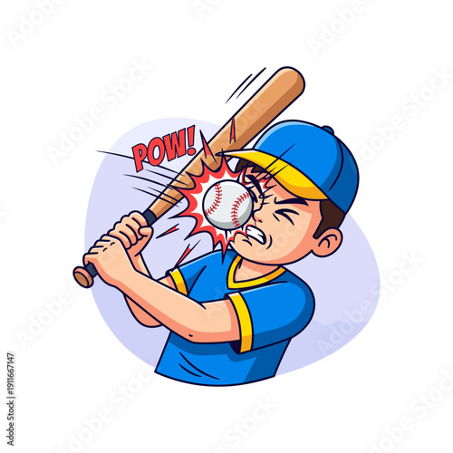 A cartoon baseball player in blue and yellow uniform hitting a ball with a bat, with a 'POW!' effect, on a white background.