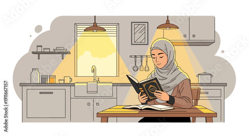 Young Muslim Woman Reading Quran in Kitchen