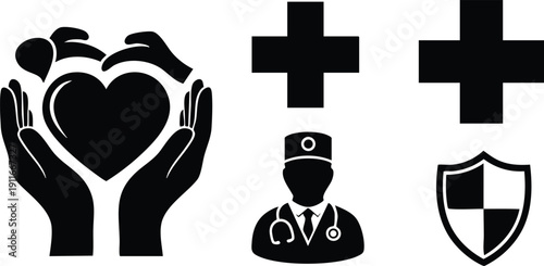 Black solid medical icons set showing hands holding heart symbol nurse doctor with stethoscope medical crosses and healthcare shield in flat vector design