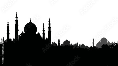 Black and white silhouette of a grand building complex with domes, spires, and a foreground of trees