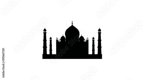 A simple, black silhouette of a large, symmetrical building with multiple domes and tall towers