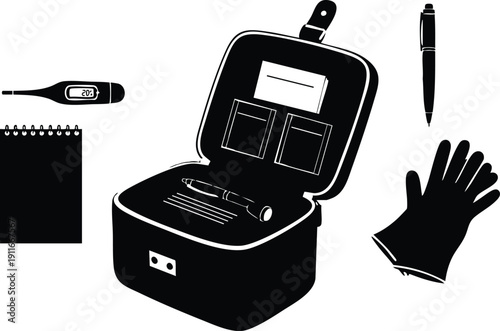 Black and white vector icon set featuring open medical kit first aid box thermometer notebook pen and protective glove isolated on white background