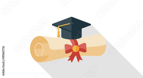 Graduation Certificate with Red Ribbon and Cap.