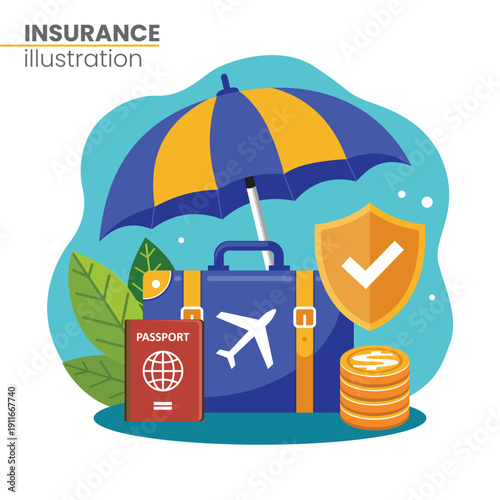Flat vector illustration of travel insurance concept with suitcase, umbrella, passport, and shield
