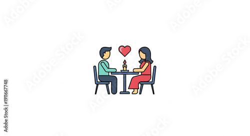 A charming vector icon portraying a happy couple enjoying a romantic dinner date, complete with a heart symbol and glowing candle, perfect for illustrating love and connection and special moments