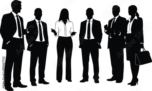 Business professionals silhouette illustration, corporate teamwork concept, office colleagues discussion, formal attire group, professional networking meeting, business communication 