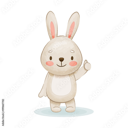Cute kawaii bunny shows a thumbs up. Vector illustration imitating hand drawn drawing. Hare illustration with textured effect. Isolated on white vector