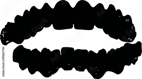 A black and white depiction of upper and lower jaw with teeth, looking like a simple illustration