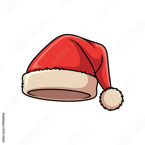 A cartoon-style red Santa hat with white trim and a fluffy pom pom on a white background, perfect for festive designs.