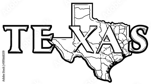 Bold, outlined text spelling out a state name, integrated with a map silhouette