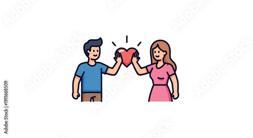 Illustration of a man and woman sharing a radiant red heart, symbolizing deep emotional connection, mutual affection, and the beautiful bond of a loving partnership