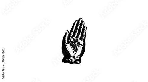 A hand illustration in black and white, fingers extended and palm visible. The style appears vintage