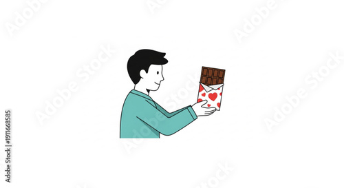 Cheerful vector illustration of a cartoon man happily presenting a delectable chocolate bar adorned with romantic heart patterns, perfect for expressing affection and thoughtful gifting