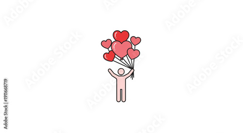 Person holding a bunch of heart-shaped balloons symbolizing love, happiness, and joy on a white background