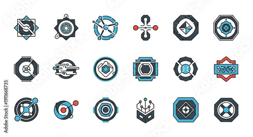 Collection of futuristic abstract geometric emblems and icons.