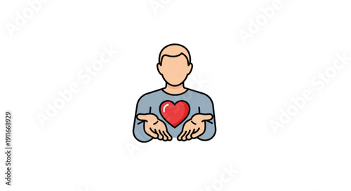 Stylized graphic depicting an individual showcasing generosity and heartfelt dedication, with open palms and a visible heart, symbolizing altruism and interconnectedness