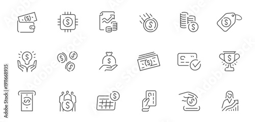 Finance and business line icons set. Money and investment outline symbol collection. Banking, commerce concept