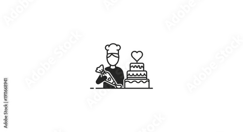 Confectioner decorating a tiered wedding cake with frosting using a piping bag, symbolizing celebration and sweet creations