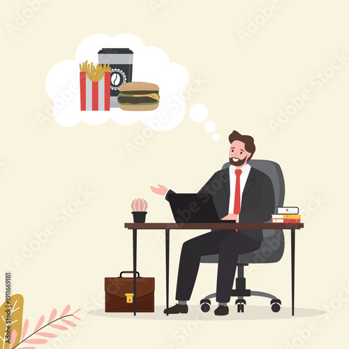 Office worker sitting at work place and dreaming about fast food. Businessman waiting for lunch time. Thoughts on coffee and burger. Male character want eat junk food,