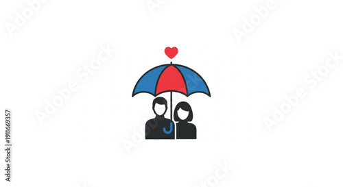 Couple under an umbrella protected by a heart shape symbolizing love, insurance, and security
