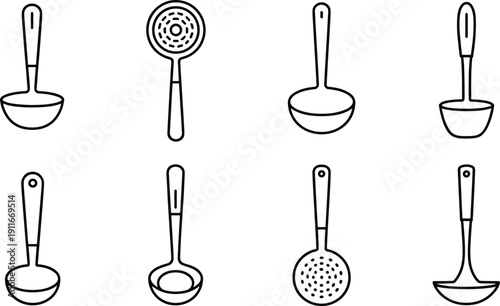 Minimal kitchen ladle and spoon outline icons set including soup scoop strainer utensil cooking tool vector collection modern