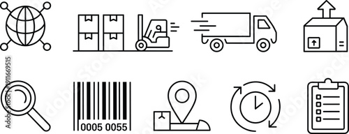 Minimal logistics and delivery outline icons set including warehouse truck barcode tracking location time checklist vector collection modern