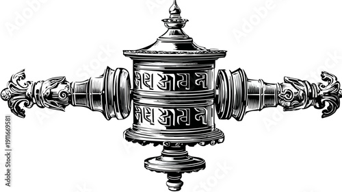 A detailed black and white illustration of a prayer wheel with intricate handles and ornate design