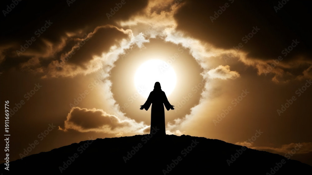 Fototapeta premium Silhouette of Jesus Christ statue with open arm. Christian religious icon. Faith and spirituality concept for Easter or Christmas.