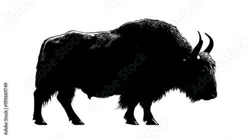 Silhouetted, black-and-white image of a large, horned, four-legged animal on white background