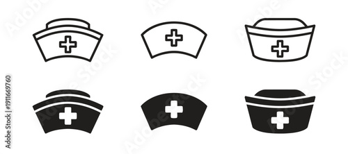 Nurse caps and hats with medical cross symbol icons