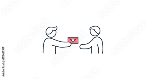 Visual representation of communication between two individuals, featuring the exchange of an envelope, signifying message delivery, information sharing, and interpersonal connection