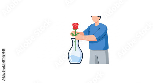 Illustration of a person gently placing a single red rose into a clear glass vase, highlighting flower arrangement, home decor, and the beauty of nature